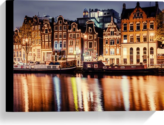 Canvas - De Grachten van Amsterdam in de Avond in Nederland - 40x30 cm Foto op Canvas Schilderij (Wanddecoratie op Canvas)