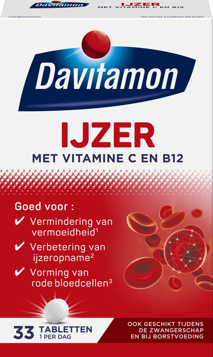 Goedkoopste Davitamon Ijzer met vitamine B12 - Draagt bij aan het verminderen van vermoeidheid - Voedingssupplement met ijzer en vitamine B12 - 33 ijzer tabletten