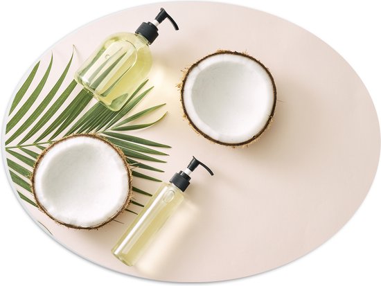 PVC Schuimplaat Ovaal - Cosmetica Flesjes met Palmblad en Kokosnoten - 40x30 cm Foto op Ovaal (Met Ophangsysteem)