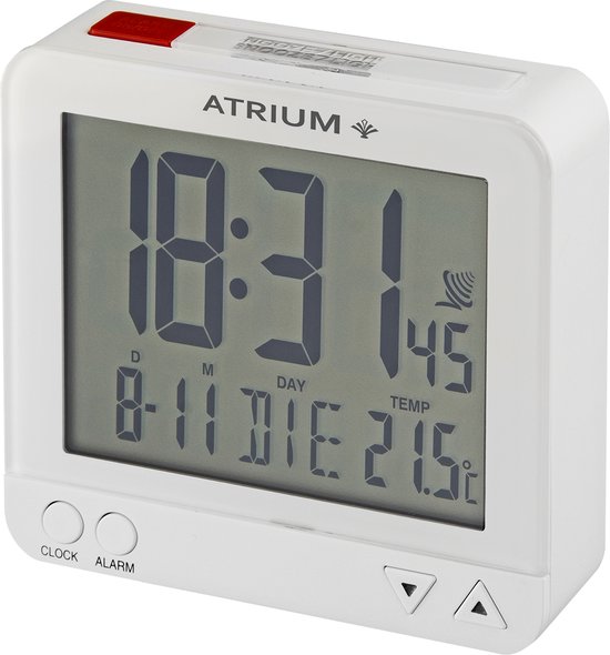 ATRIUM Wekker - Digitiaal - Digitale Klok - Radiogestuurd - Alarm - Wit - Verlichting - Lichtsensor - Opbouwend Alarmsignaal - Snooze - Duidelijk - Reiswekker - Wektijd - Datum - Weekdag - Binnentemperatuur - Wekkers Slaapkamer - A740-0