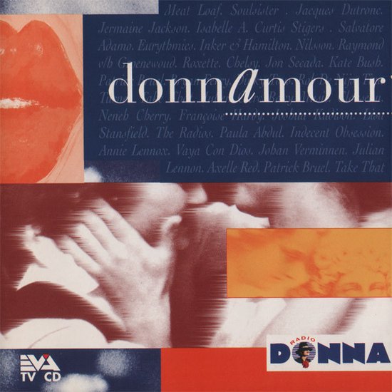 Albumcover met rode lippenafdruk, kusscène en 'donnAmour' tekst. EVA TV CD logo.