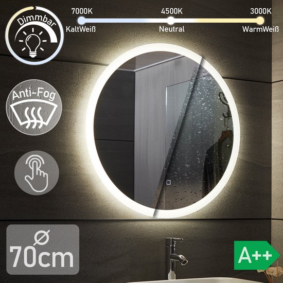 Miroir de salle de bain Aquamarin® LED - rond 70 cm, anti-buée, dimmable,  économie... | bol.com