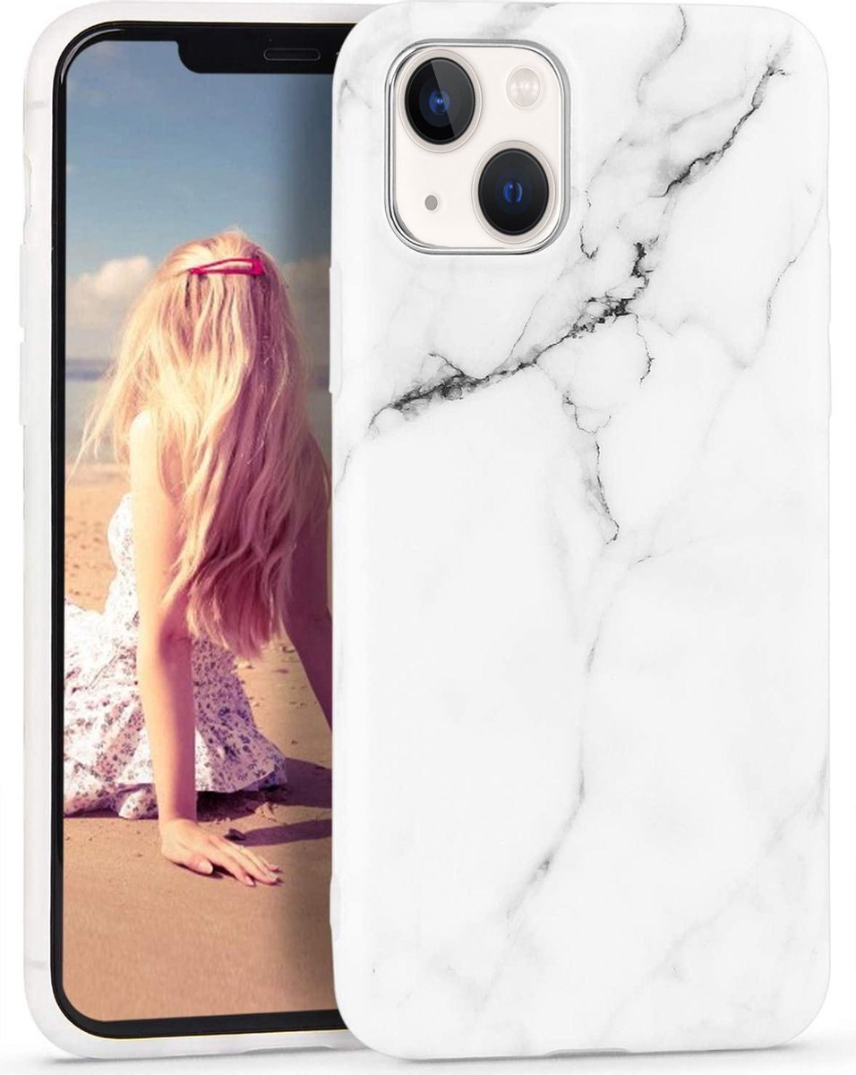 Backcover Geschikt voor Apple iPhone 14 Plus - Wit / Zwart - Marmer - Soft TPU Hoesje