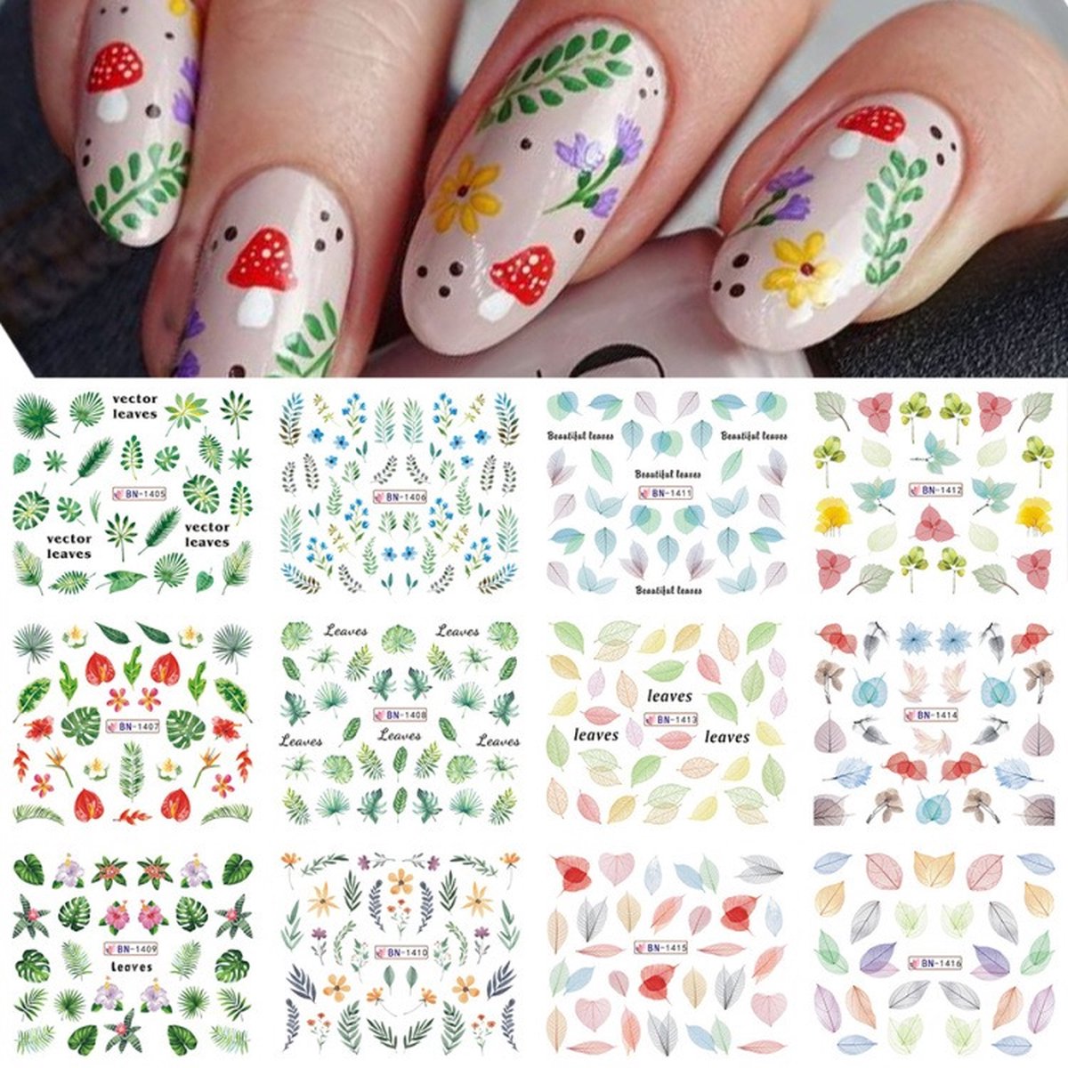 Goedkoopste 12 Stuks Nagelstickers – Botanisch – Bladeren Groen, Oranje, Rood – Nail Art Stickers