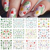 12 Stuks Nagelstickers – Botanisch – Bladeren Groen, Oranje, Rood – Nail Art Stickers