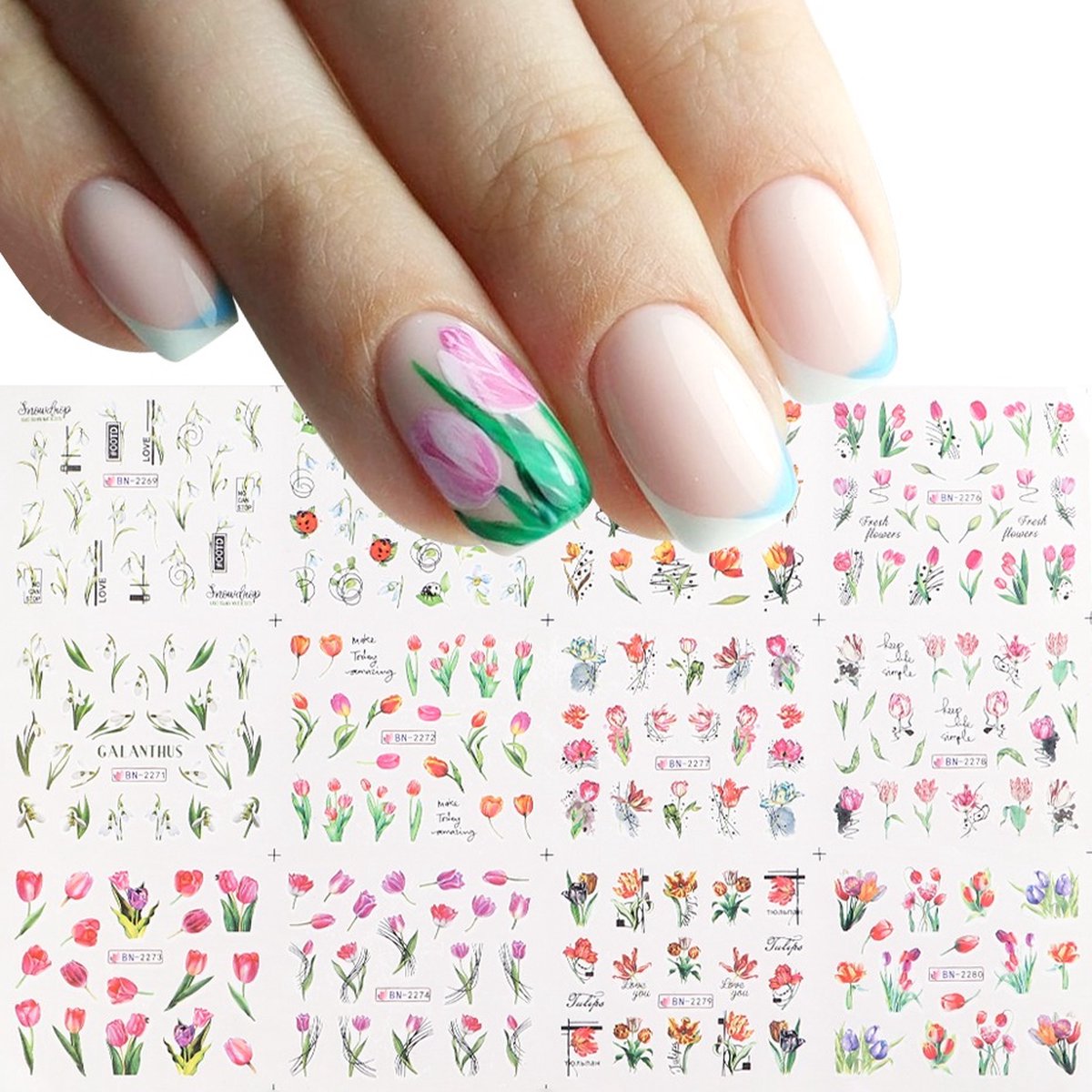 Goedkoopste 12 Stuks Nagelstickers – Tulpen, Bloemen, Rozen, Takjes – Nail Art Stickers