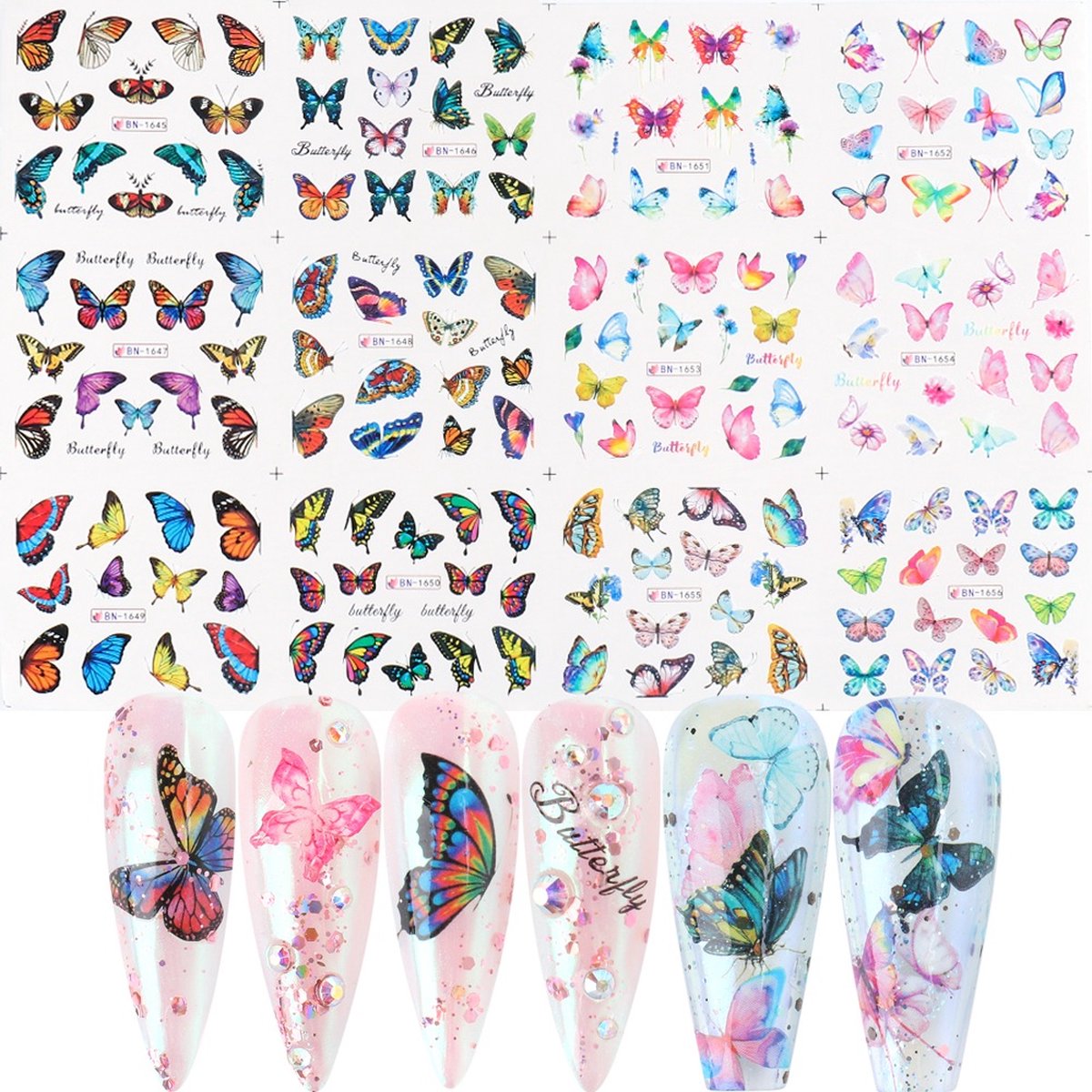 Goedkoopste 12 Stuks Nagelstickers – Dromerige Vlinders – Nail Art Stickers – Set van 12 nagelstickers – Dromerige vlinders designs – nail art en decoratie – Gemakkelijk aan te brengen – thuis en salons