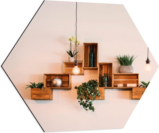 Dibond Hexagon - Trio Lampen voor Kistjes met Planten aan de Muur - 80x69.6 cm Foto op Hexagon (Met Ophangsysteem)