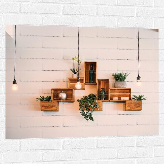 Muursticker - Trio Lampen voor Kistjes met Planten aan de Muur - 100x75 cm Foto op Muursticker