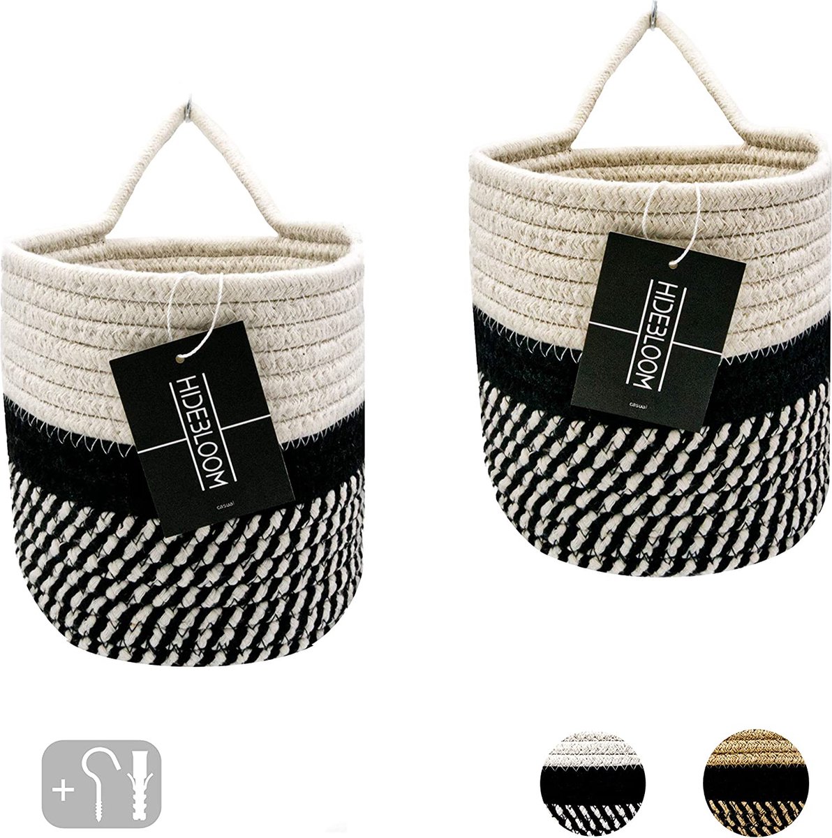 Relaxdays opbergmand hangend, set van 2, hangende mandjes, badkamer, hal, aan muur, HxBxD: 20 x 25 x 16,5 cm, wit