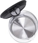 Glazen waterkoker met zwart deksel, opengewerkt met filter.