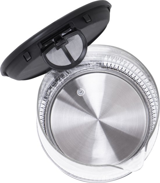 Glazen waterkoker met zwart deksel, opengewerkt met filter.