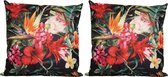 2x Bank/sier kussens donkergroen voor binnen en buiten tropische bloemen print 45 x 45 cm - Tropische tuin/huis kussens