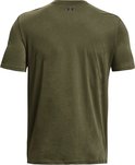 Donkergroen T-shirt met korte mouwen, gezien van achteren, met een rond logo op de nek.