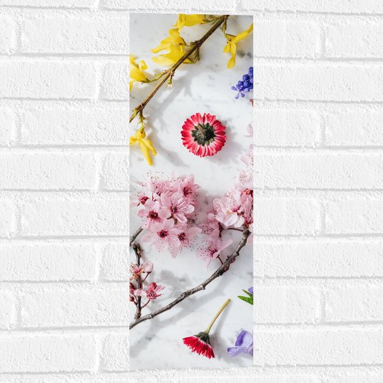 Muursticker - Mix van Verschillende Bloemen en Planten in Meerdere Kleuren - 20x60 cm Foto op Muursticker