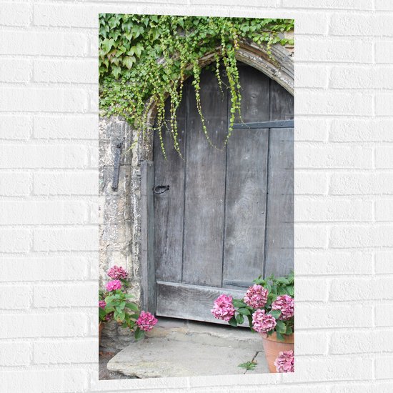 Muursticker - Houten Deur van Oud Stenen Huisje met Roze Bloemen in Bloempotjes - 50x100 cm Foto op Muursticker