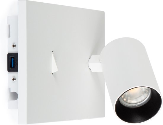 Spot mural blanc avec abat-jour et ports USB intégrés sur le côté.