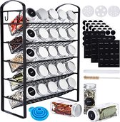 Spice rack with spice jars, standing spice rack with 25 spice jars, 30 seven 120 labels, 1 silicone funnel, 1 brush, 1 white chalk, suitable for cabinets, kitchen countertops