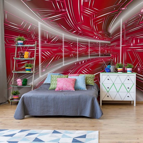 Papier peint photo Tunnel technologique 3D moderne Rouge | V4 - 254 cm x 184 cm | Polaire 130gr / m2