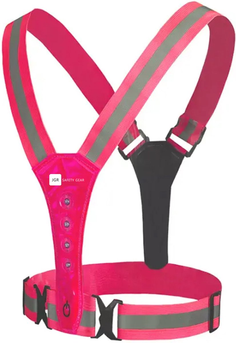 JGR Safety gear - Veiligheidsvest USB Oplaadbaar met Verlichting - Roze - Reflecterend Hardloopvest met LED Lampjes - Verstelbaar Hardloophesje Geschikt voor Wandelen / Joggen / Hardlopen / Fietsen / Schaatsen - One Size Fits All