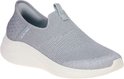 Grijze Skechers Slip-ins damessneaker met een gebreide bovenkant, witte zool en een gedetailleerd hielstuk.
