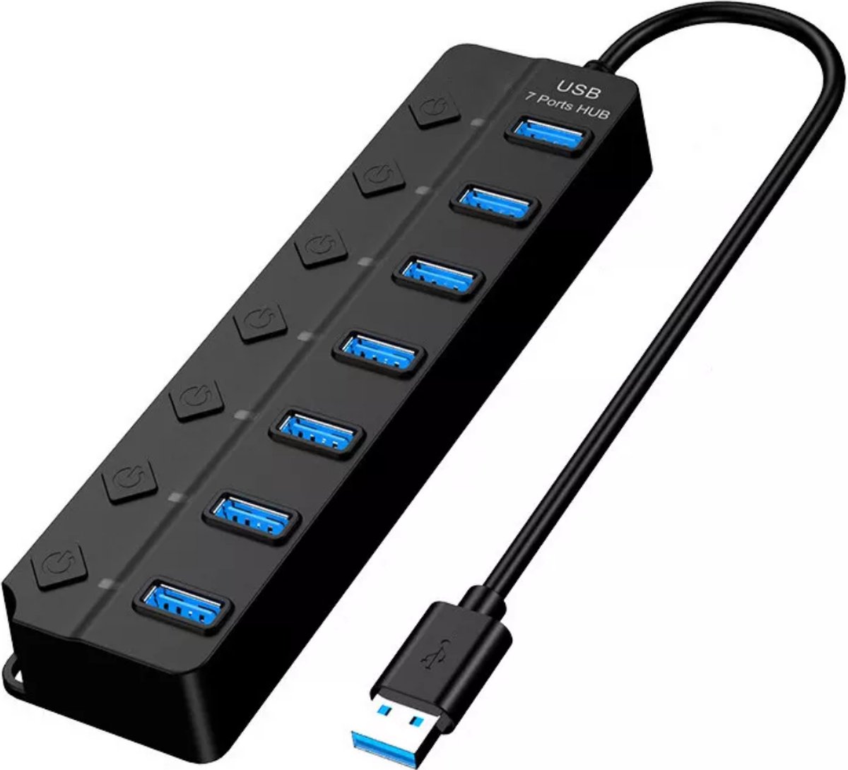 Usb hub 3.0 - 7 Poorten – LED schakelaars – Stroombeveiligd – Externe voeding – Laptop/Computer - 5Gbps - Zwart