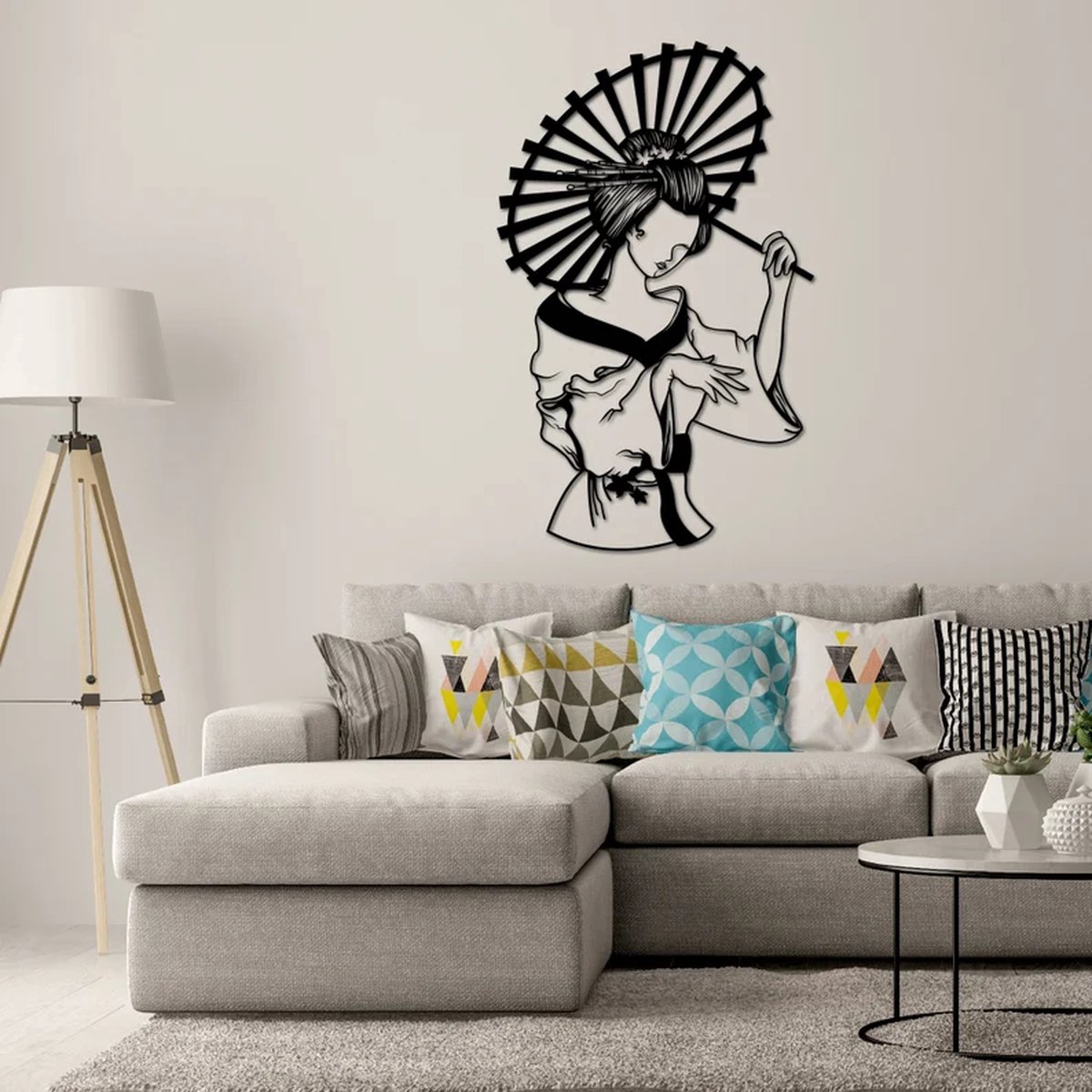Metalen Wanddecoratie Japans Meisje – 3D Wandkunst – Zwart – 50 x 30 cm
