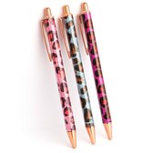 Parure de stylos à bille - lot de 3 stylos - imprimé léopard - bleu - rose - rose foncé