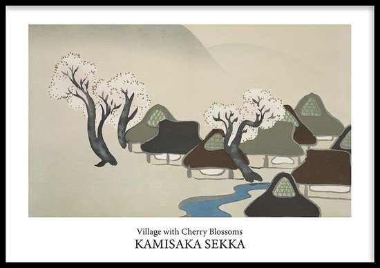 Poster Village With Cherry Blossoms - 30x40 cm - Geschilderd door Kamisaka Sekka - Schilderkunst - Beroemde Schilder - Exclusief fotolijst - WALLLL