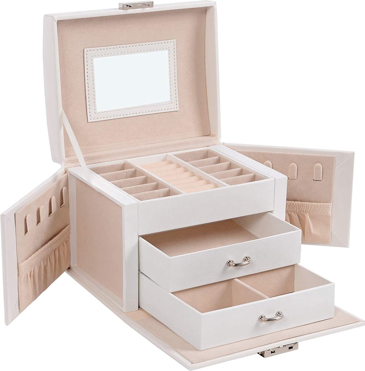 MIRA Home - Sieradenkist - Sieradentas - Wit - Bewerkt hout - 17,5x13,5x12cm