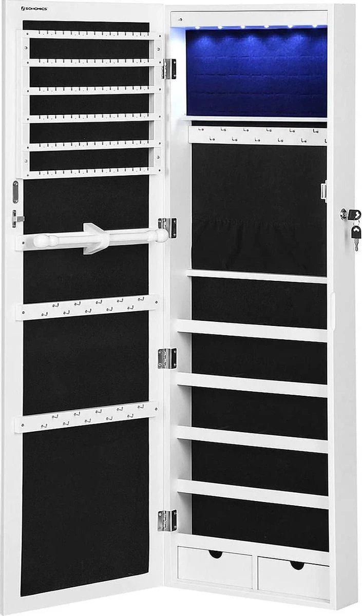MIRA Home - Sieradenhouder - Spiegelkast - LED Verlichting - Hout - Wit - 37x9.5x120