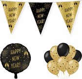 Classy Happy New Year Pakket - Versiering - Oud & Nieuw - Nieuwjaar - Vlaggenlijn - Ballonnen - 3 Delig - Zwart/Goud