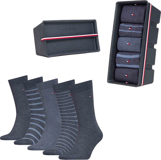 Tommy Hilfiger 5-Pack Heren Sokken Giftbox Stripes - Blauw - Maat 39-42