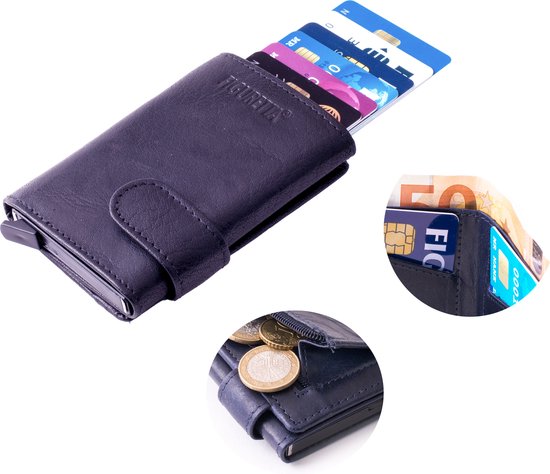 Figuretta© Leren Cardprotector - Pasjeshouder - Creditcardhouder met papier en muntgeldvak - Triple Fold- Donkerblauw