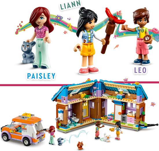 Lego Friends speelfiguren Paisley, Lian en Leo, met een tiny house en een oranje auto.