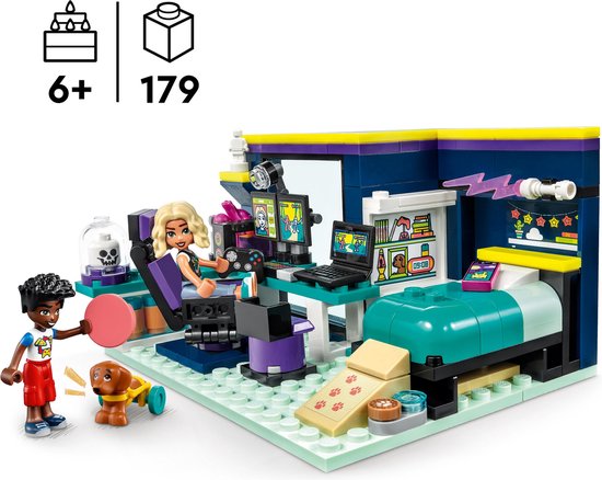 Een LEGO Friends speelset met twee minipoppetjes, een hondje, een bed, computer en gamestoel. Leeftijd 6+, 179 onderdelen.