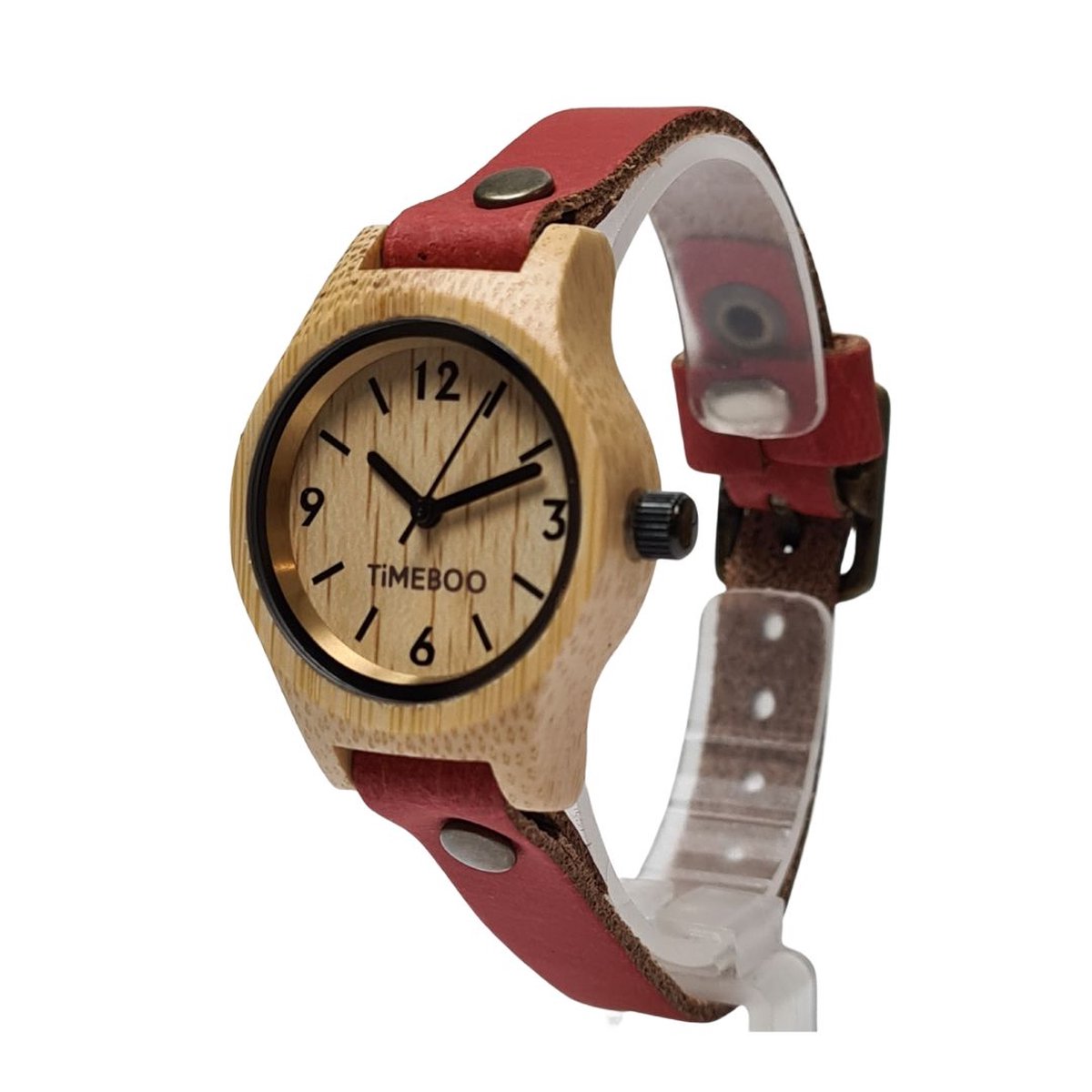 Dames horloge bamboe hout | SMALL Terra rood leren band | TiMEBOO