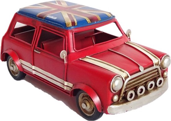 Decoratie Blikken Voertuig - Mini Car Red With British Flag (klein formaat)