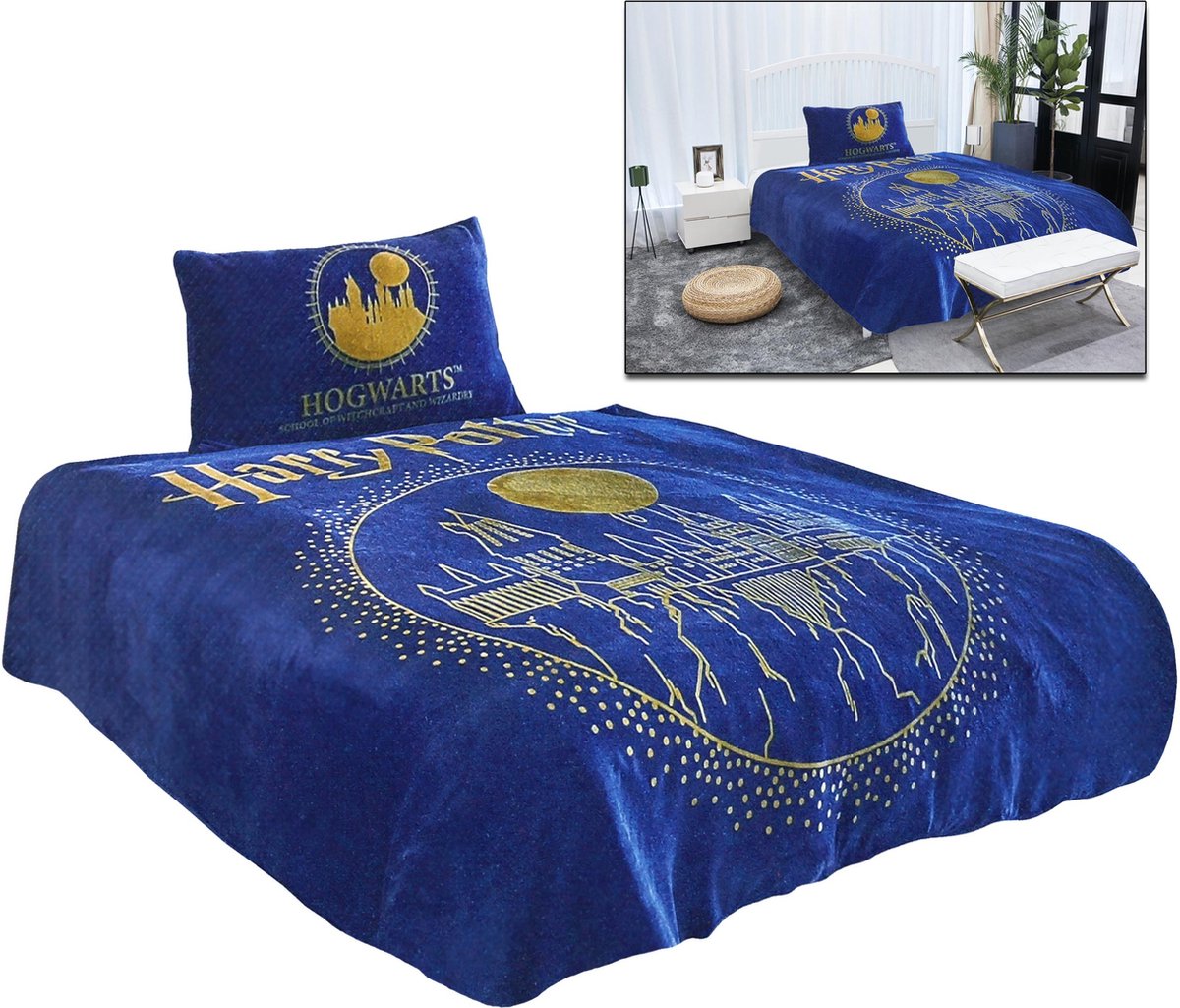 Harry Potter Fleece dekbedovertrekset 135x200 cm, blauw, geel, zacht OEKO-TEX