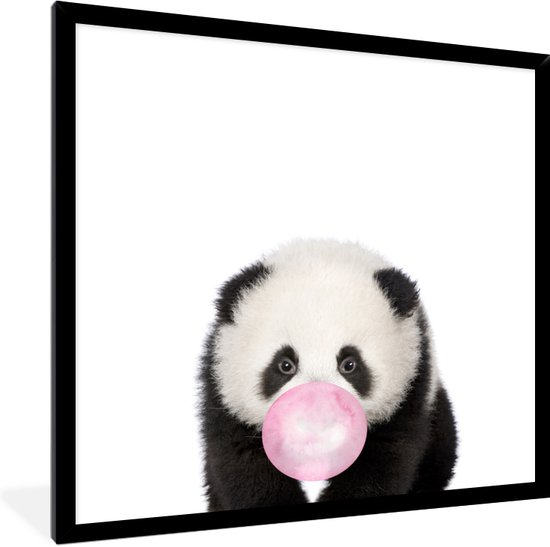 Poster in fotolijst - Wanddecoratie kinderkamers - Dieren - Panda - Kauwgom - Roze - Meisjes - Kind - 40x40 cm - Kinder decoratie