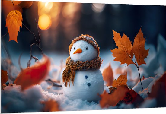 Dibond - Sneeuwpop met Bruine Sjaal en Muts in de Sneeuw tussen de Herfstbladeren - 150x100 cm Foto op Aluminium (Met Ophangsysteem)