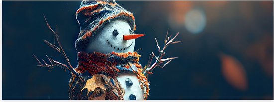 Poster Glanzend – Sneeuwpop met Takken Armen tussen de Herfstbladeren - 60x20 cm Foto op Posterpapier met Glanzende Afwerking