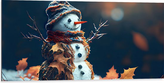 Dibond - Sneeuwpop met Takken Armen tussen de Herfstbladeren - 100x50 cm Foto op Aluminium (Wanddecoratie van metaal)