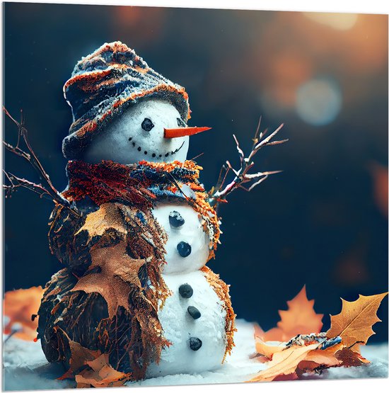 Acrylglas - Sneeuwpop met Takken Armen tussen de Herfstbladeren - 100x100 cm Foto op Acrylglas (Met Ophangsysteem)