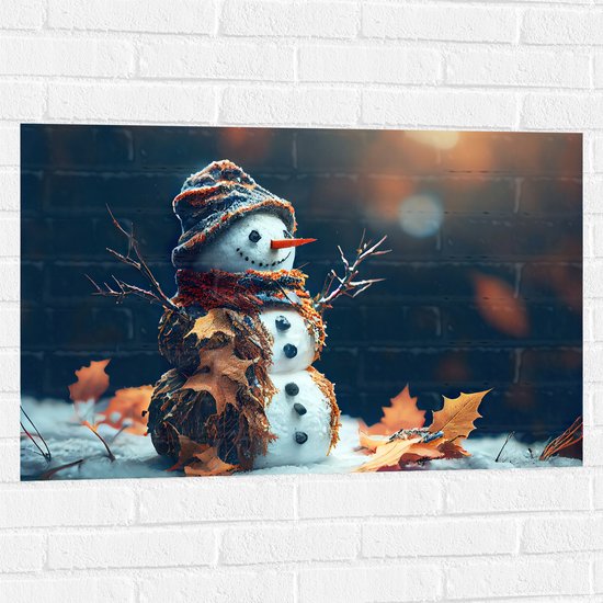 Muursticker - Sneeuwpop met Takken Armen tussen de Herfstbladeren - 90x60 cm Foto op Muursticker
