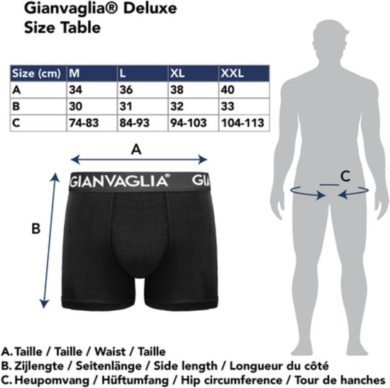 Maattabel van Gianvaglia Deluxe boxershorts. Maat XXL, taille 40, zijlengte 33, heupomvang 104-113 cm.