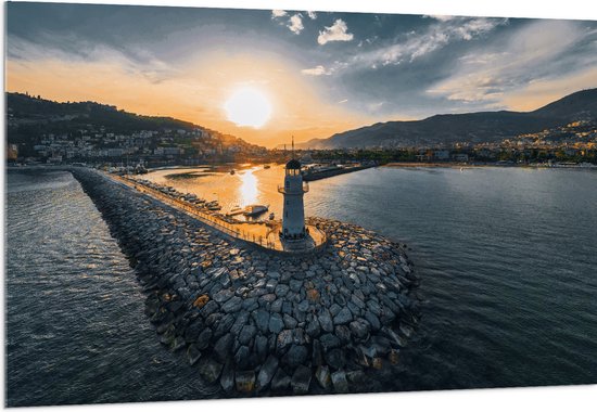 Acrylglas - Zonsondergang bij Vuurtoren aan Zee van Antalya, Turkije - 150x100 cm Foto op Acrylglas (Wanddecoratie op Acrylaat)