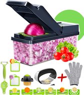 Mandoline + knoflookpers set t.w.v. €14,99 - Multifunctionele groentesnijder – (Zelfreinigende) Mandoline Nicer Dicer – Uiensnijder – Groentensnijder – Frietsnijder – Keukensnijder – Groentehakker – Snijmachine – Multifunctioneel 15-delig – RVS