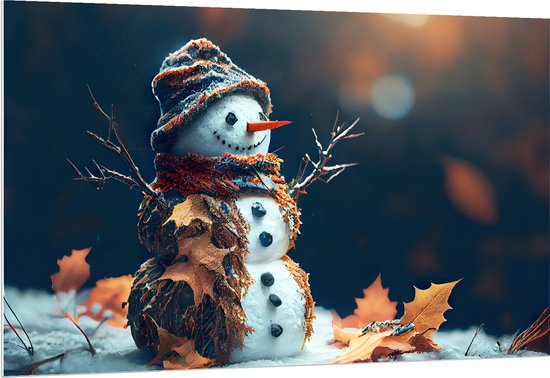 PVC Schuimplaat- Sneeuwpop met Takken Armen tussen de Herfstbladeren - 150x100 cm Foto op PVC Schuimplaat