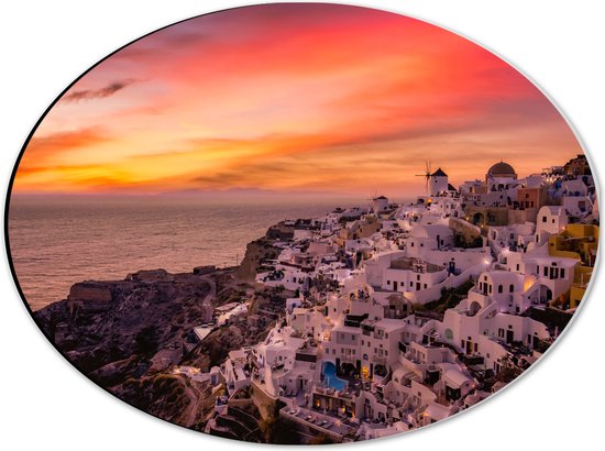 Dibond Ovaal - Uitzicht over Klassieke Griekse Stad tijdens de Zonsondergang - 40x30 cm Foto op Ovaal (Met Ophangsysteem)